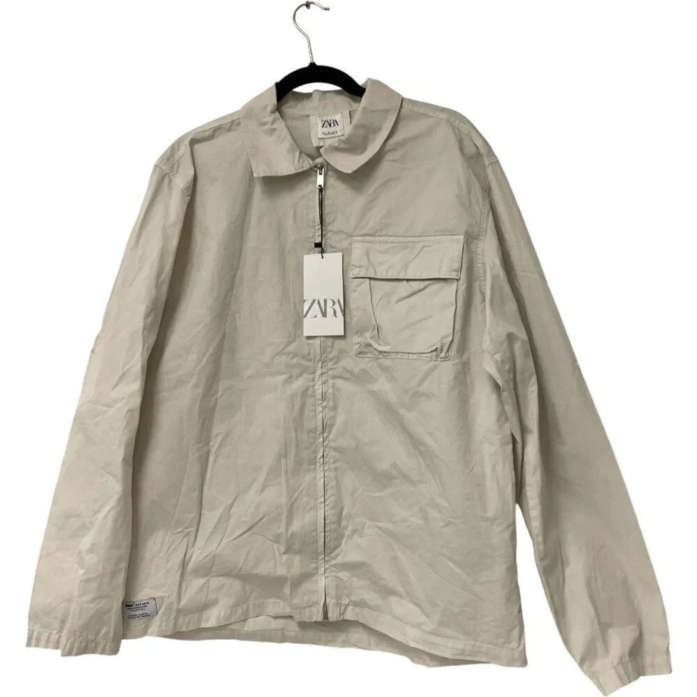 Zara Mens Jacket L Beige Cotton Full Zip Overshirt Lightweight 6085/349 NWT
